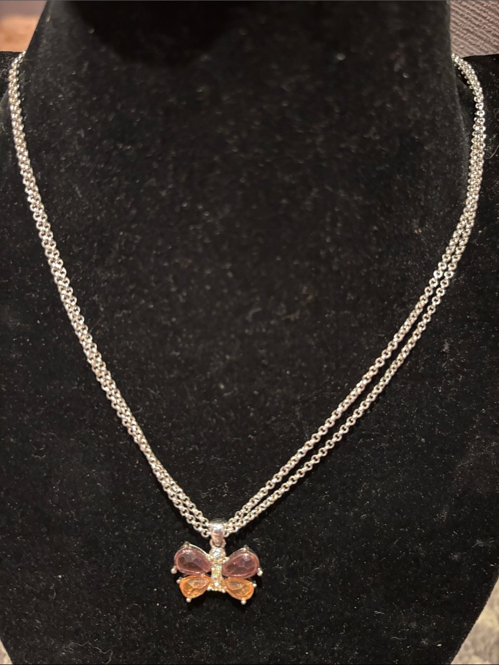 Butterfly Pendant Double Chain Necklace - Pink & Orange Crystal
